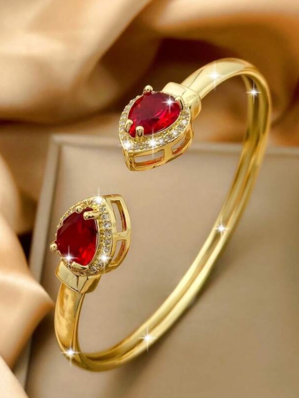 Yellow Gold Open Bangle Bracelet with Red Gemstone nwt